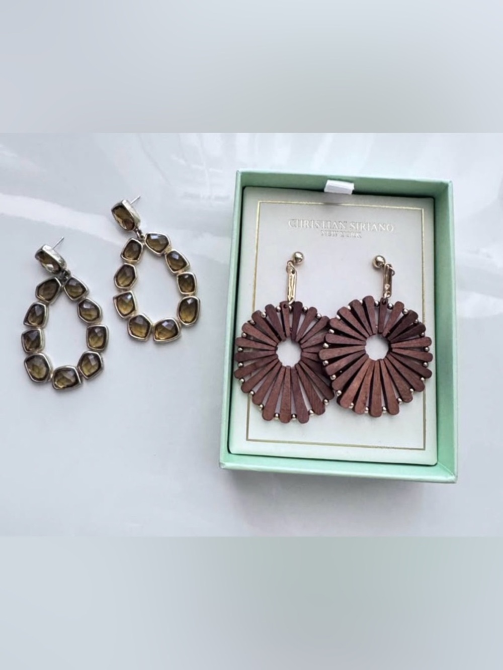 CHRISTIAN SIRIANO NY, Wood Geo Earrings & Artisan Brown Faceted Stone Earrings
